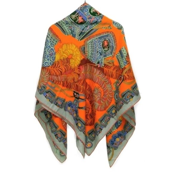 Auth HERMES Carre Geant/Carres 140 - Orange Green Blue Scarf - Picture 1 of 7